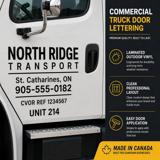 Close-up of commercial truck door lettering vinyl detail