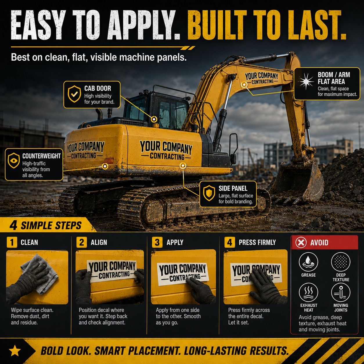 Heavy equipment company name decal placement and application guide for machine panels