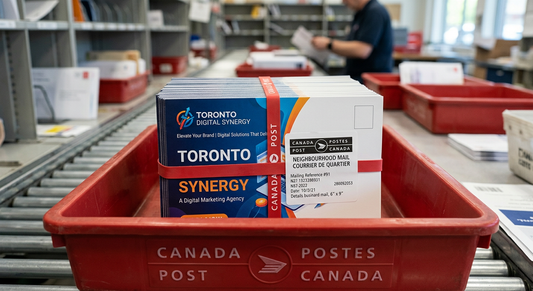 Postcards bundled and sorted in Canada Post Neighbourhood Mail tray ready for delivery