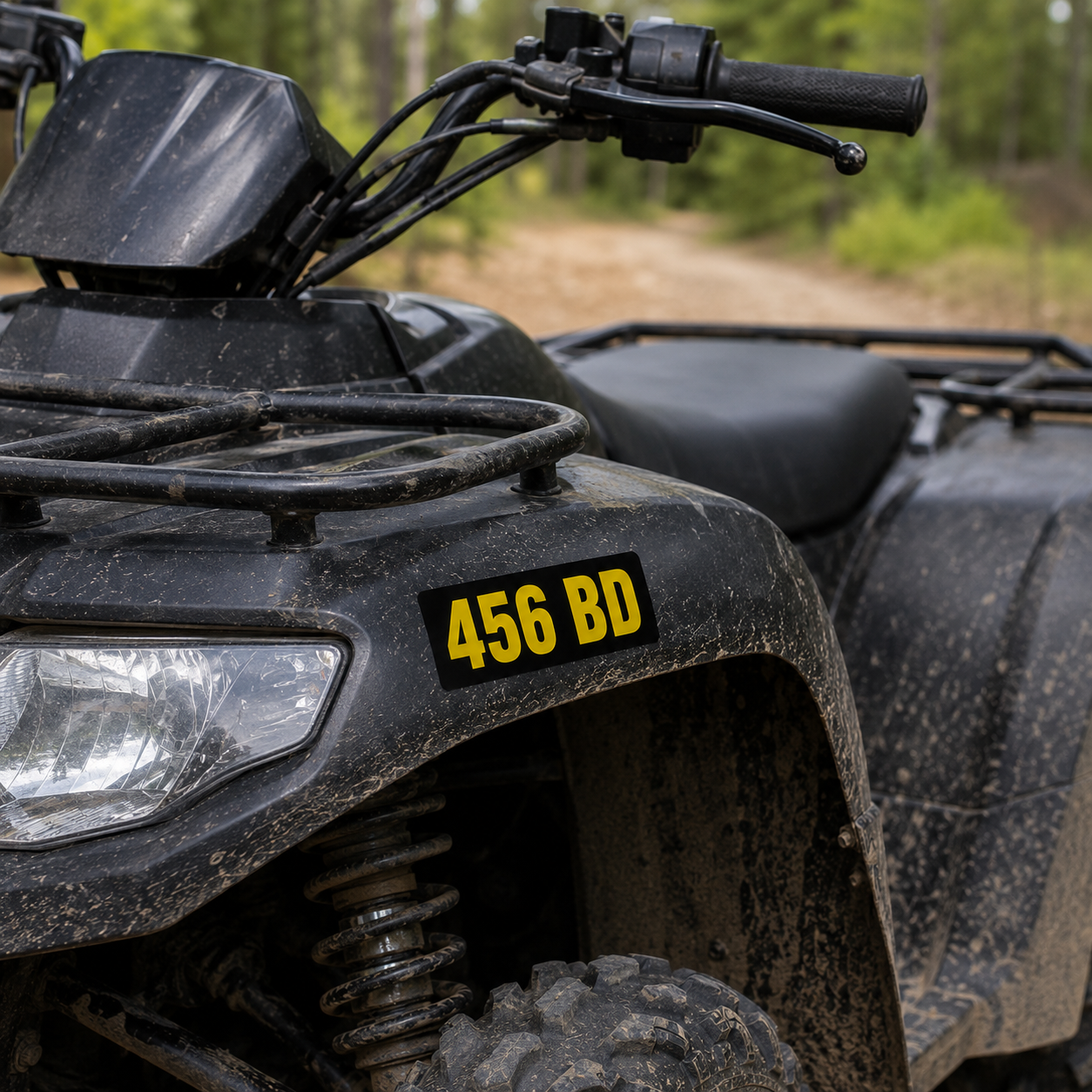 ATV registration number decal in yellow on black vinyl reading 456 BD, applied to the front fender of a muddy quad ATV on a forest trail in Ontario
