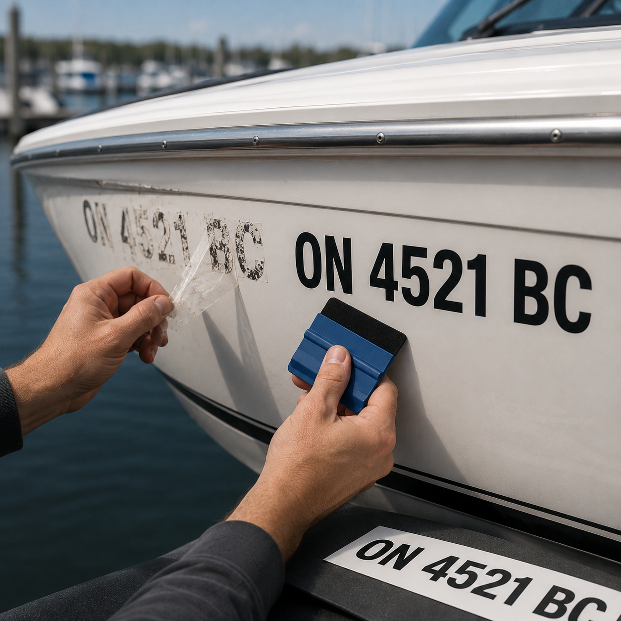Boat registration number renewal kit: old faded numbers being peeled away beside fresh ON 4521 BC vinyl numbers and an applicator on a boat hull at a marina