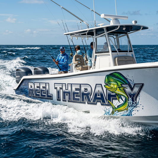 Custom boat brand graphic package with full-color marine vinyl transom and hull designs