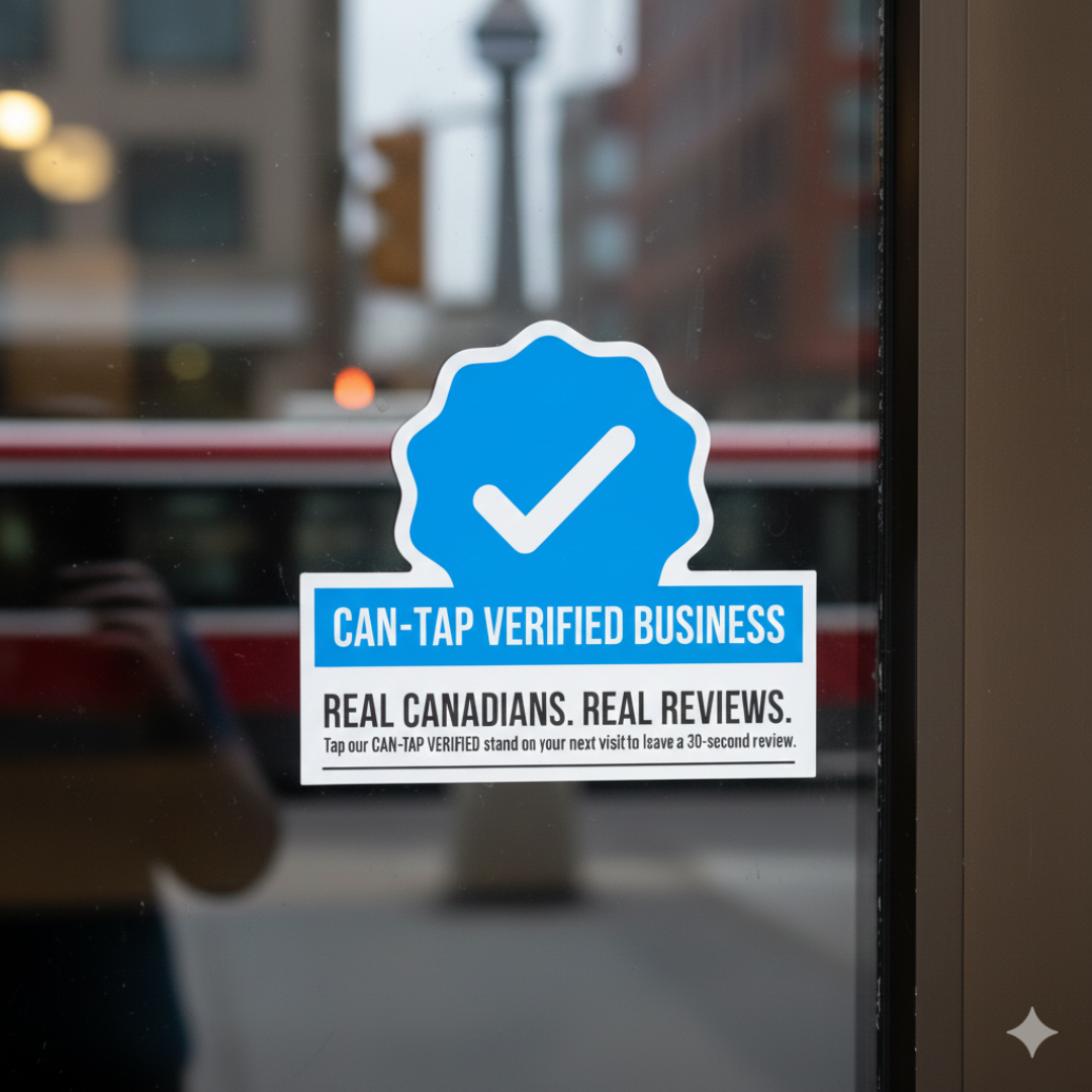 CAN-TAP verified Google review window decal applied to business glass