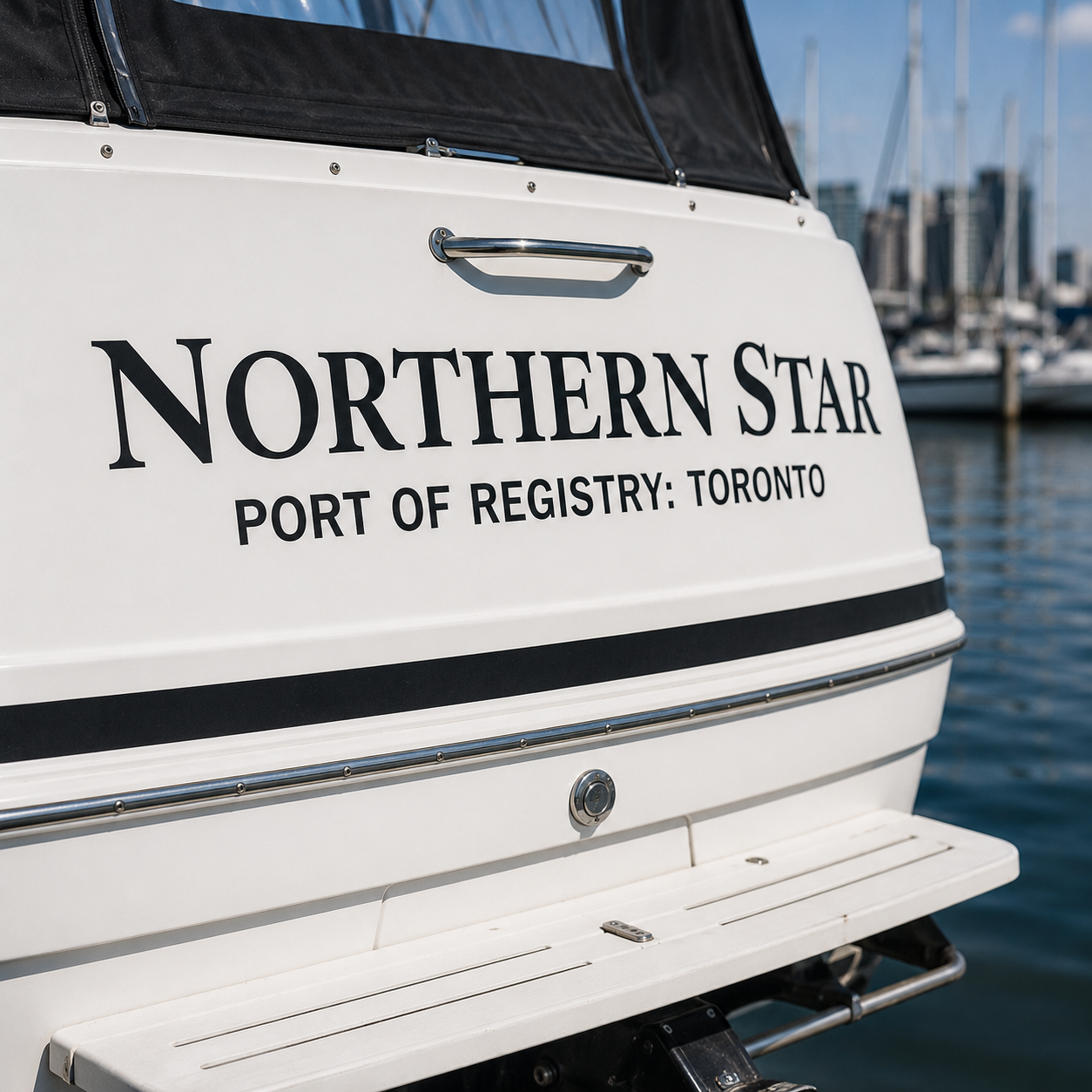 Vessel name and port of registry lettering reading NORTHERN STAR with PORT OF REGISTRY TORONTO in cut black vinyl on the white transom of a registered boat at a Toronto marina