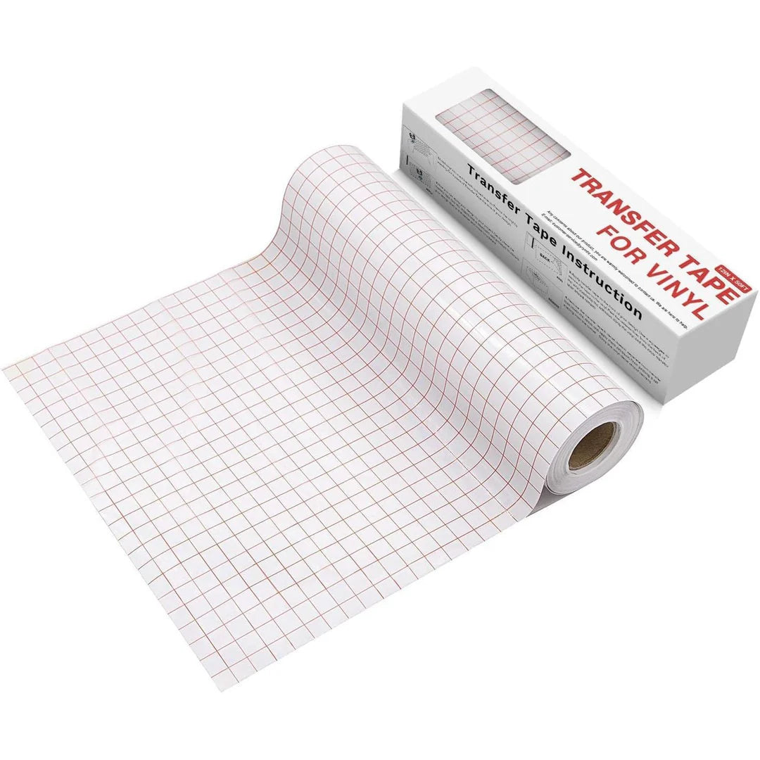 Clear vinyl transfer tape roll with alignment grid — precision decal positioning tape for vinyl lettering and compliance decals