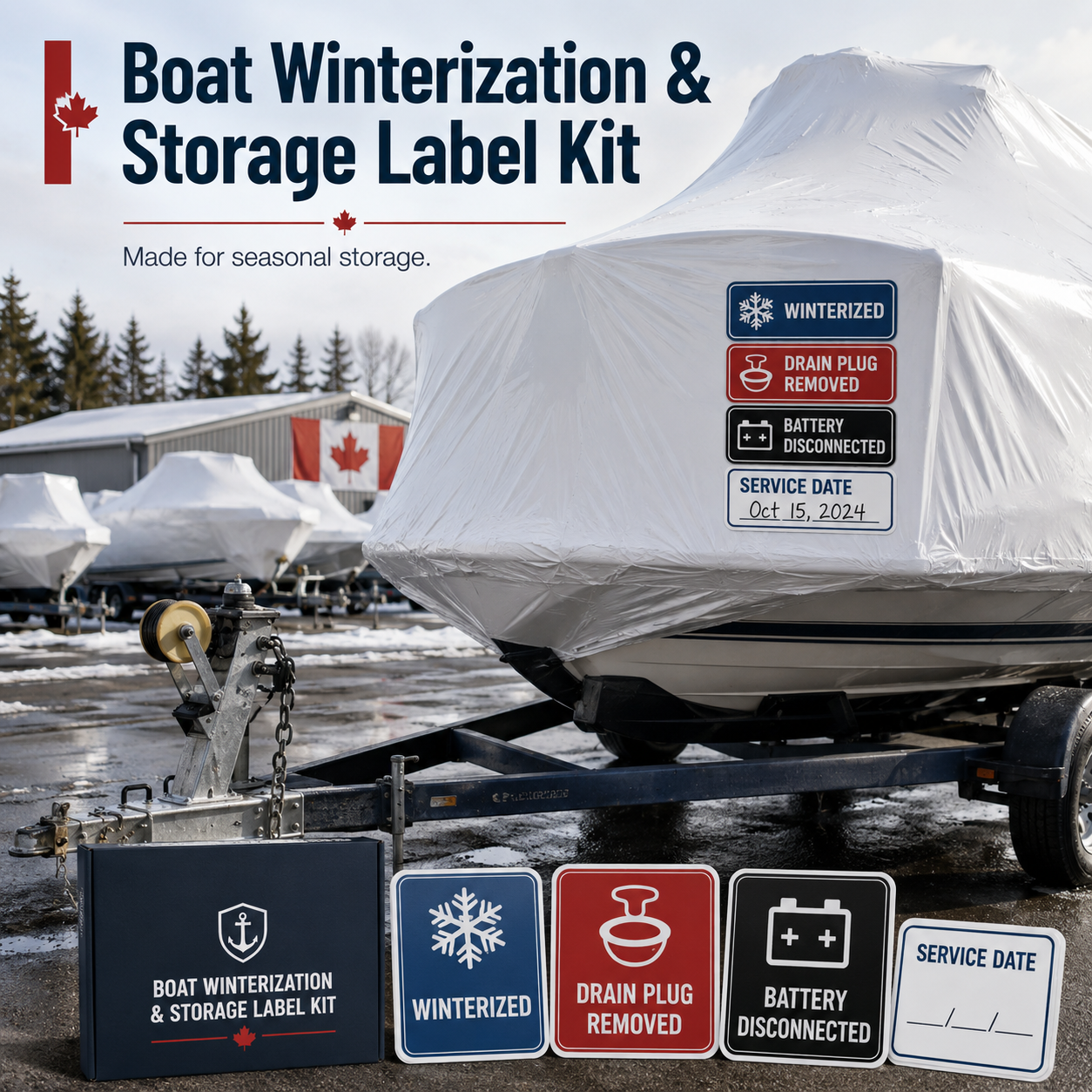 Boat winterization and storage label kit shown on a wrapped vessel with status labels