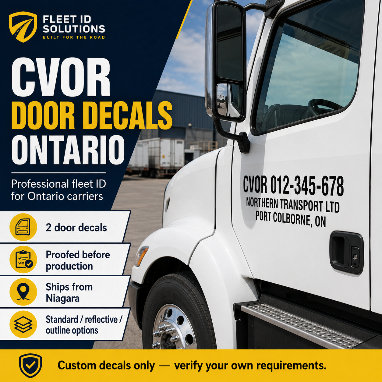 CVOR door decals Ontario hero image on white commercial truck