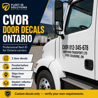 CVOR door decals Ontario hero image on white commercial truck