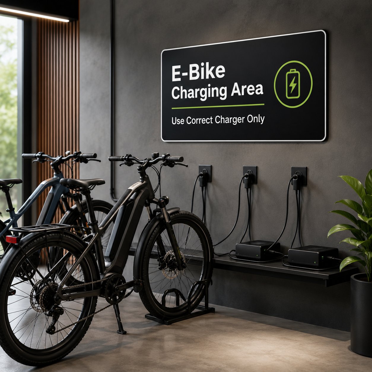 E-bike charging station sign shown in modern charging environment