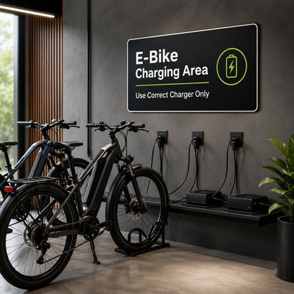 E-bike charging station sign shown in modern charging environment