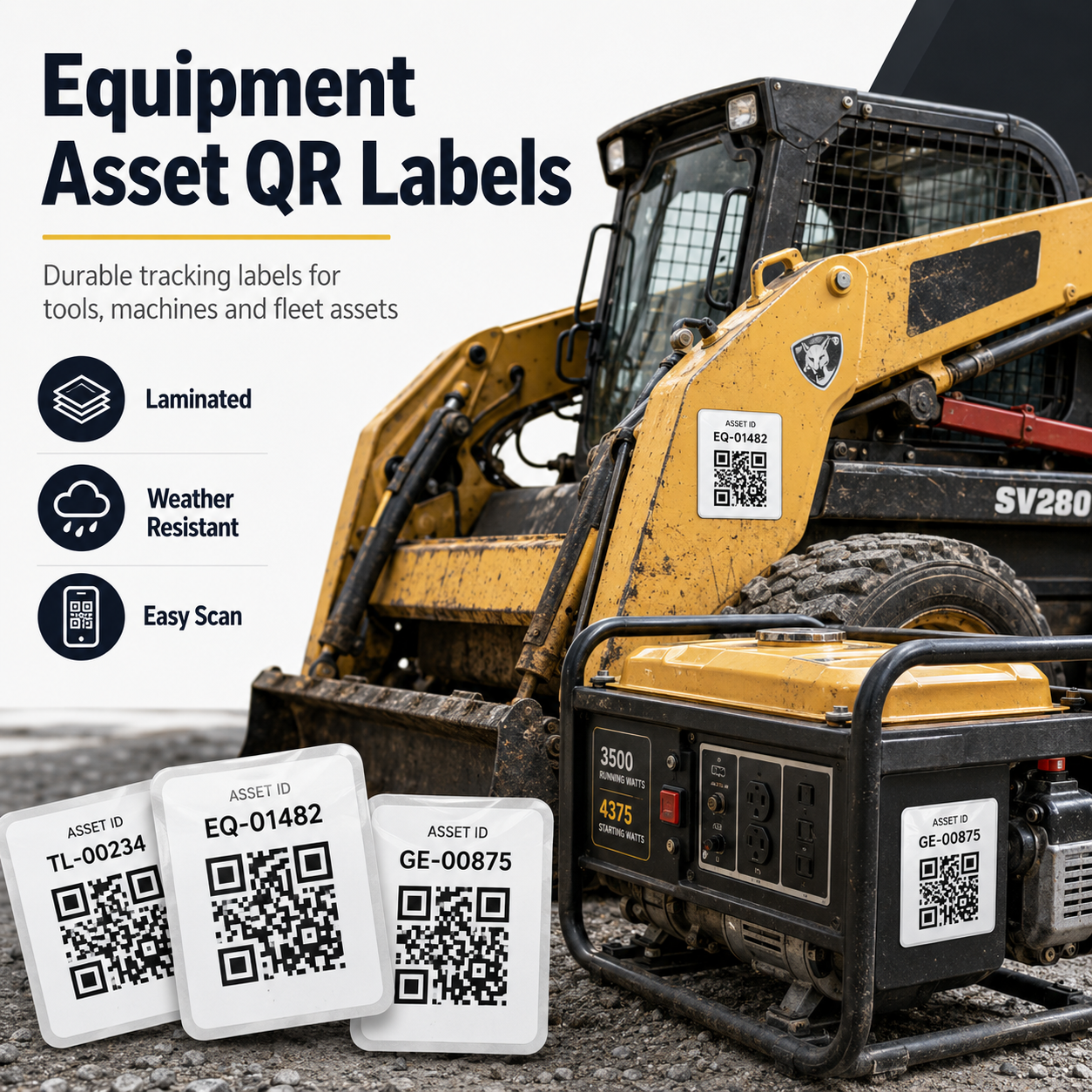 Equipment asset QR labels on skid steer and generator for tools machines and fleet assets