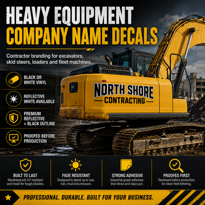 Heavy equipment company name decals on excavator for contractor branding
