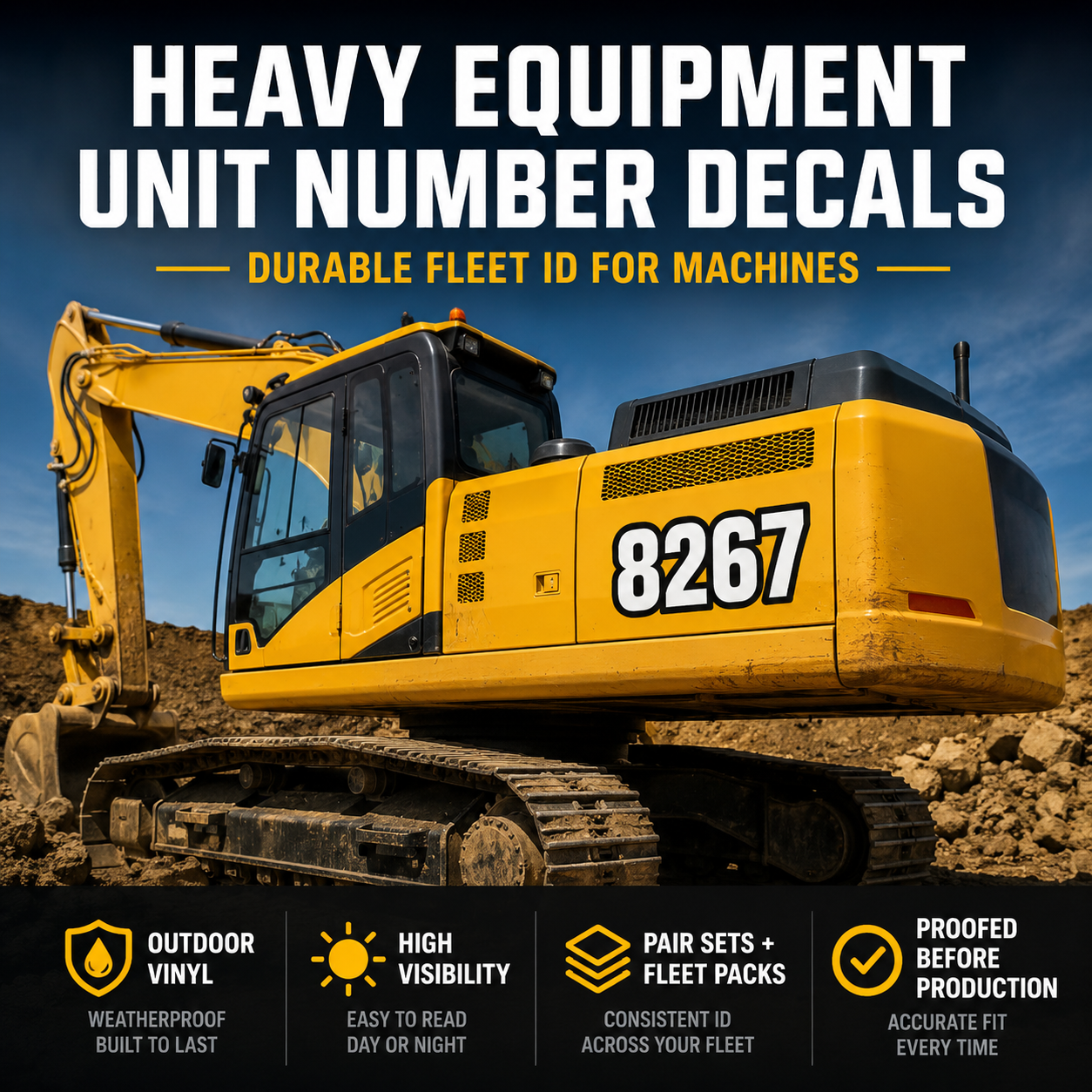 Heavy equipment unit number decals on excavator for fleet ID and rental equipment