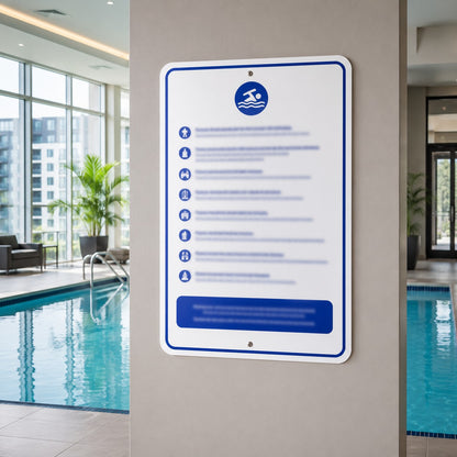 Custom Class B pool signs printed on white aluminum for condo and apartment pool rooms