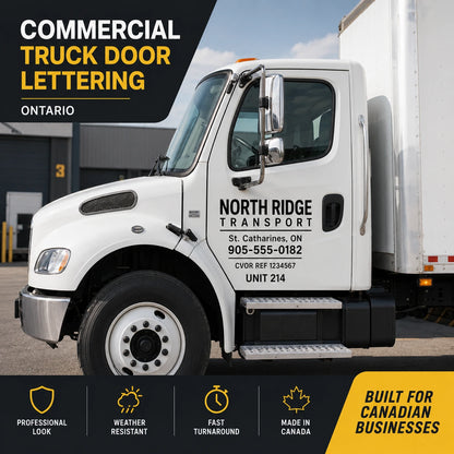 Commercial truck door lettering with company name CVOR reference and unit number