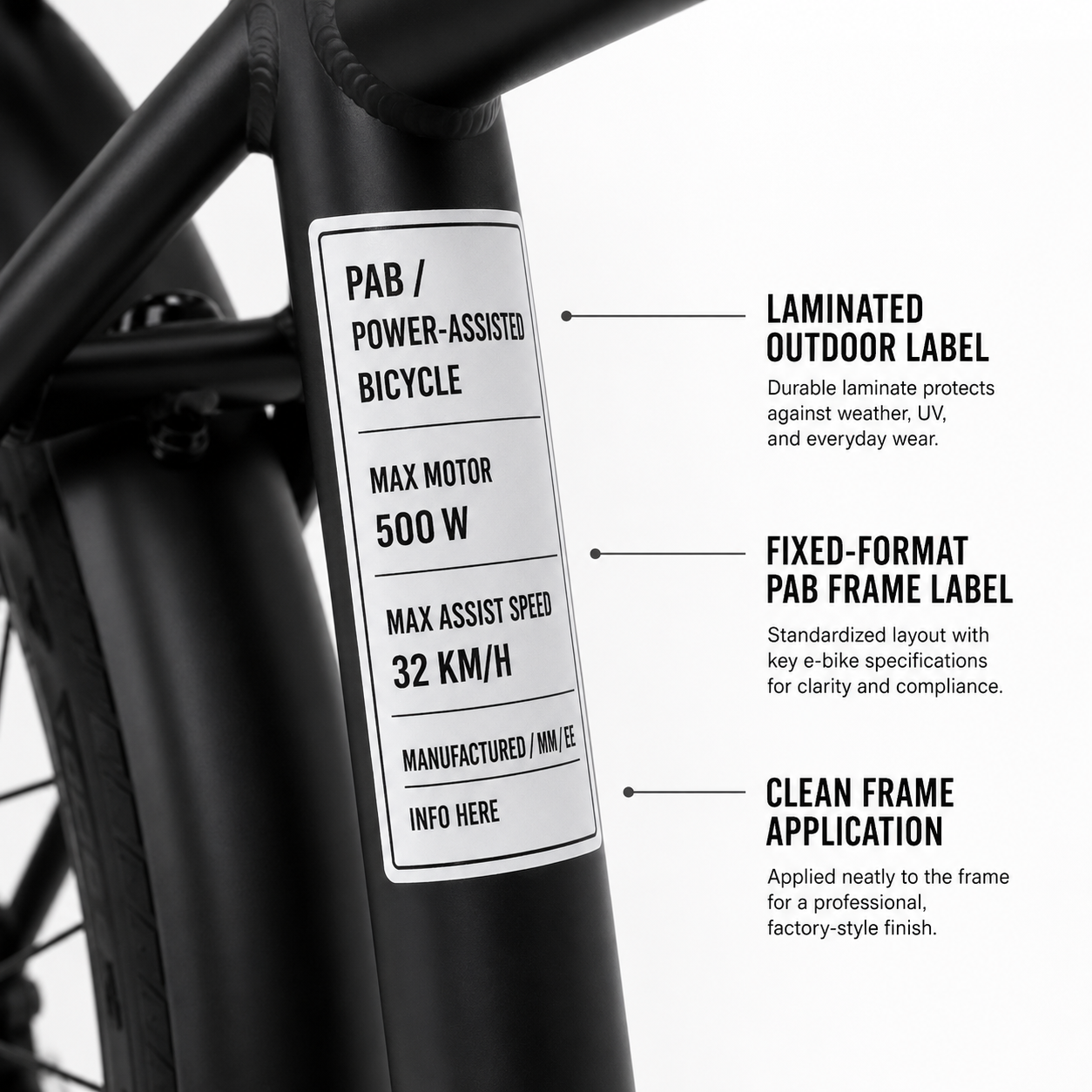 Matte black e-bike with Ontario PAB frame label applied