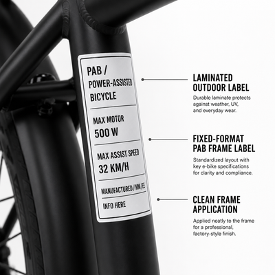 Matte black e-bike with Ontario PAB frame label applied