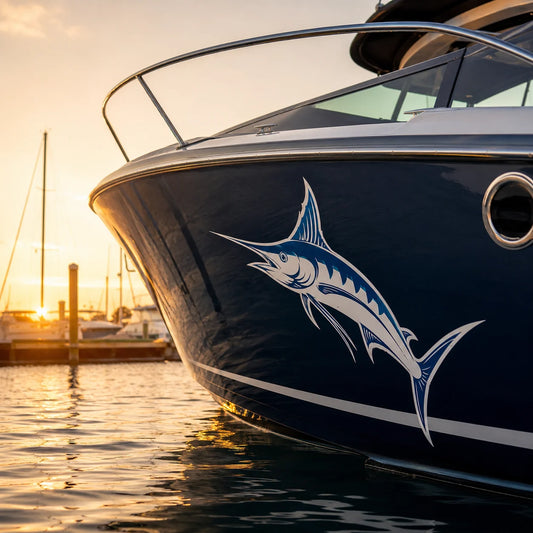 Custom marlin boat mascot hull decal installed on dark navy fiberglass boat in a marina