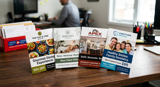 Professional oversized postcards showcasing custom business designs for restaurants, massage therapists and contractors...