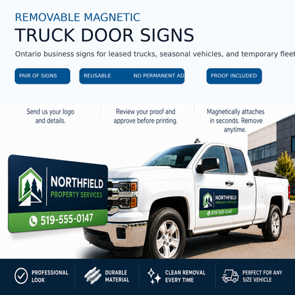 Removable magnetic truck door signs for Ontario businesses on white pickup truck