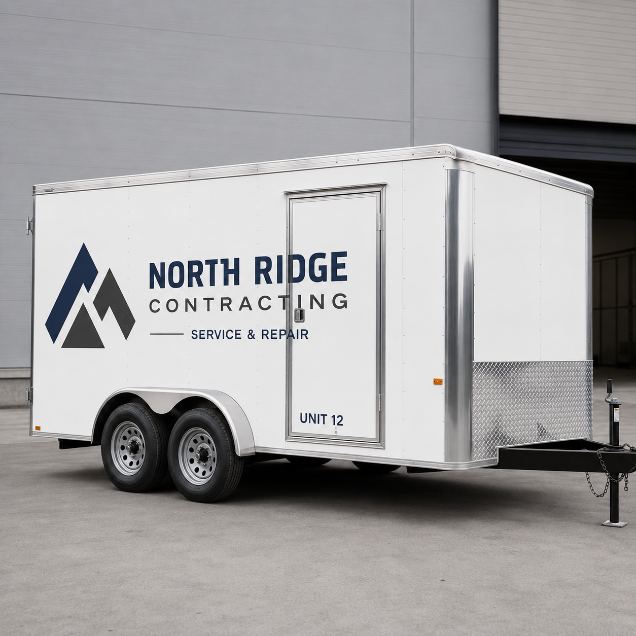 White enclosed work trailer with custom business name logo and unit number decal kit installed