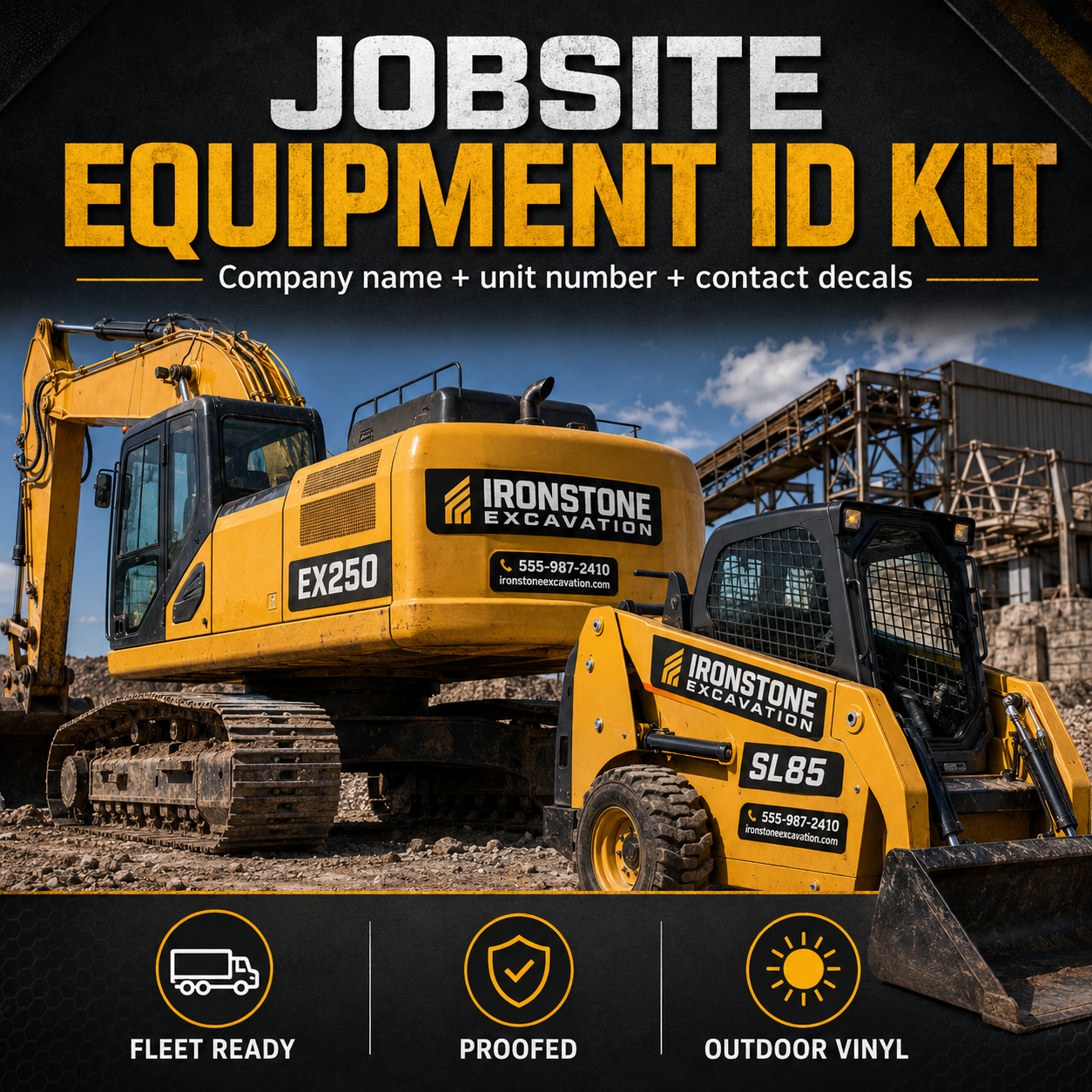 Jobsite equipment ID kit with company name unit number and contact decals on heavy equipment