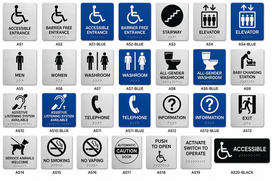 AODA accessibility signage catalog showing Ontario tactile Braille sign types