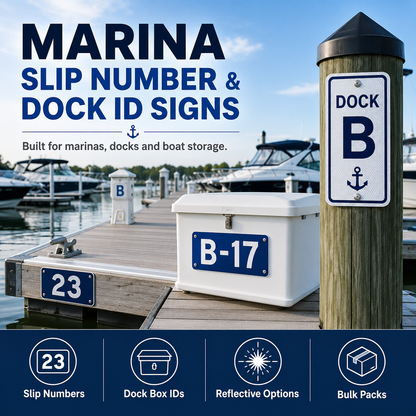 Marina slip number and dock ID signs shown on a dock post dock box and dock edge
