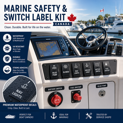 Marine safety and switch label kit on boat dashboard with bilge pump blower navigation lights battery switch and fuel shutoff labels