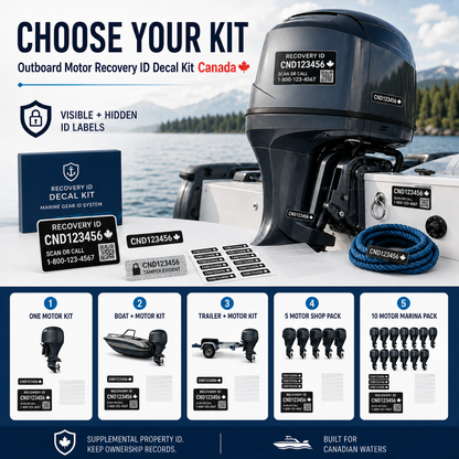 Outboard motor recovery ID decal kit options with visible and hidden labels for motors boats trailers shops and marinas