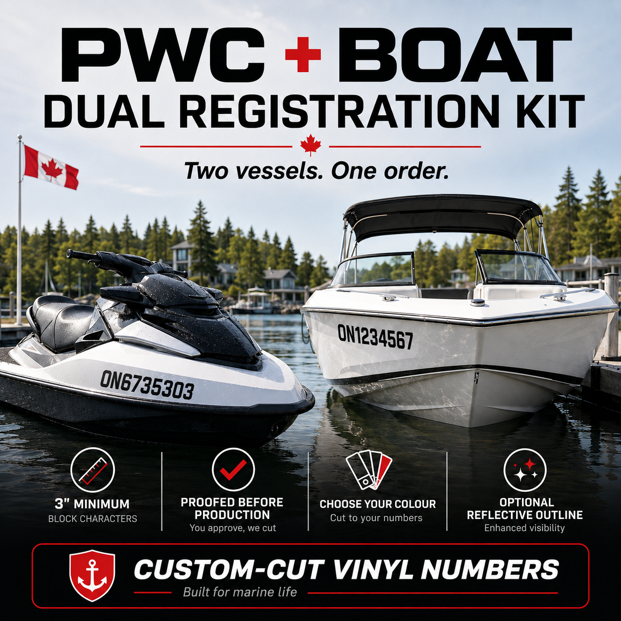 PWC and boat dual registration kit Canada with custom-cut number decals on a personal watercraft and boat