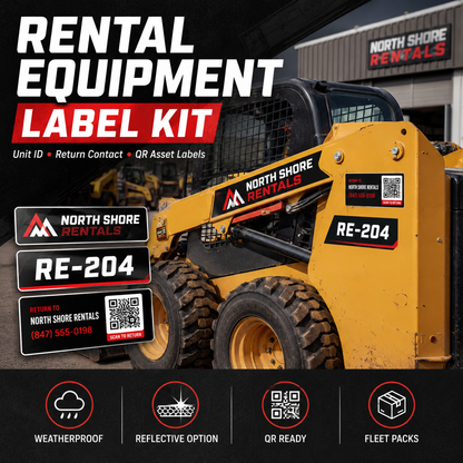 Rental equipment label kit with unit ID return contact and QR asset labels on skid steer