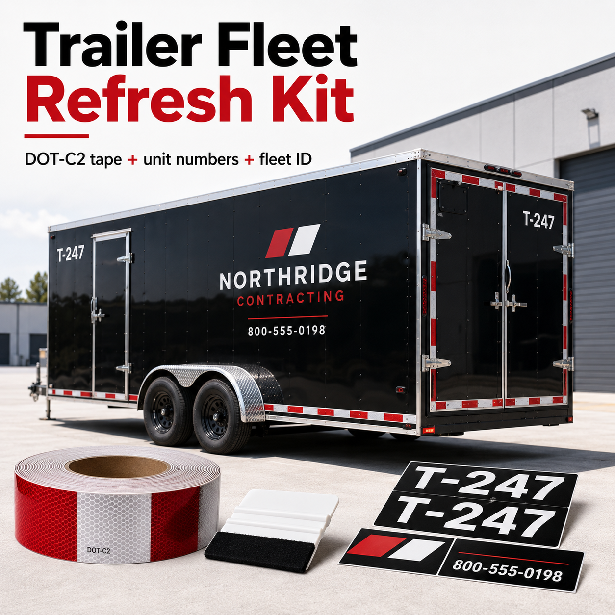 Trailer Fleet Refresh Kit with DOT-C2 tape unit numbers business name decals and fleet ID on black enclosed trailer