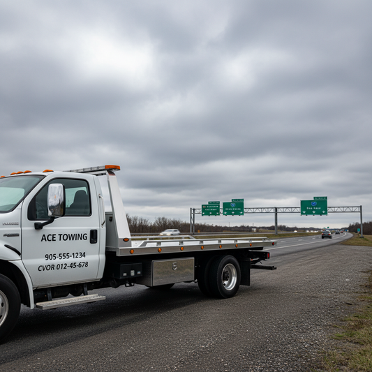 Flatbed tow truck with CVOR and company name lettering on highway