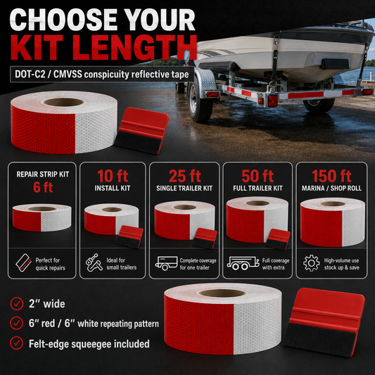 Boat trailer reflective tape kit options showing 6 ft 10 ft 25 ft 50 ft and 150 ft lengths