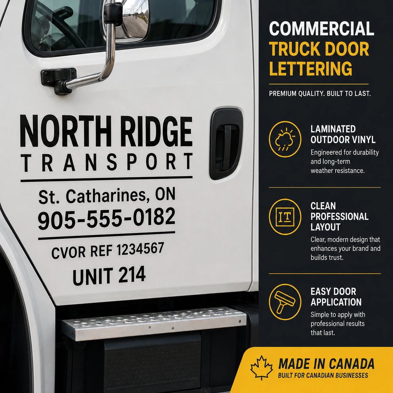 Close-up of commercial truck door lettering vinyl detail