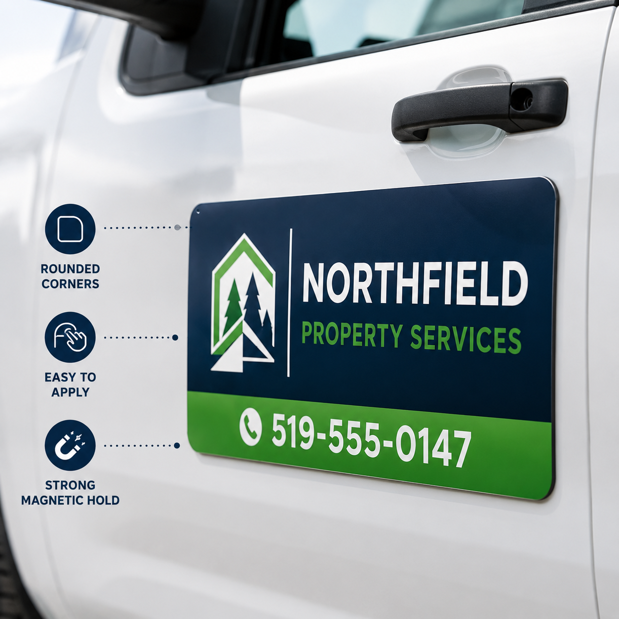 Close-up of rounded removable magnetic business sign on truck door