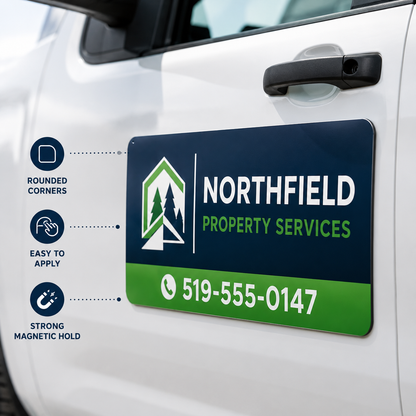 Close-up of rounded removable magnetic business sign on truck door