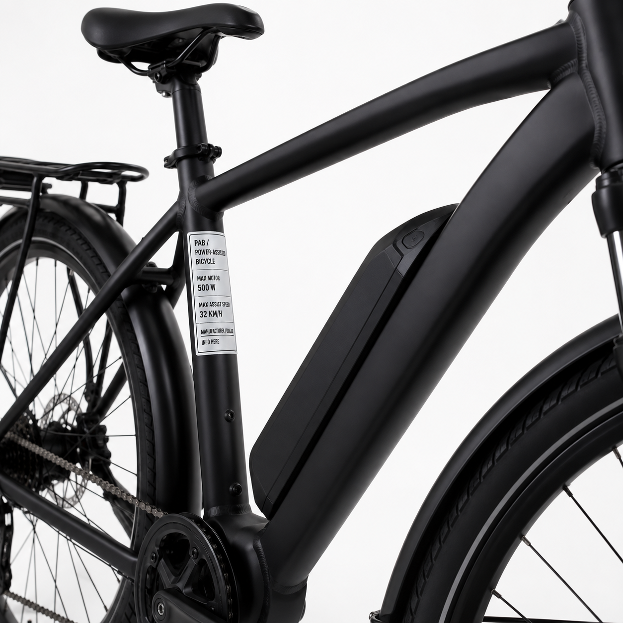 Close-up of Ontario PAB frame label on matte black e-bike frame