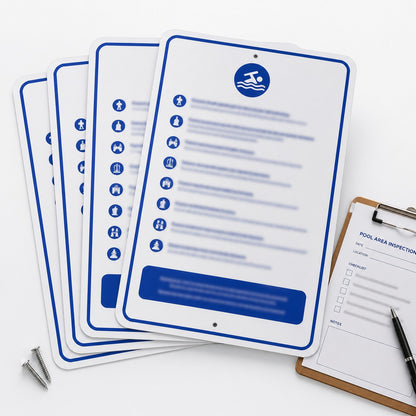 Complete custom pool sign kit with inspection checklist, screws, and aluminum signs