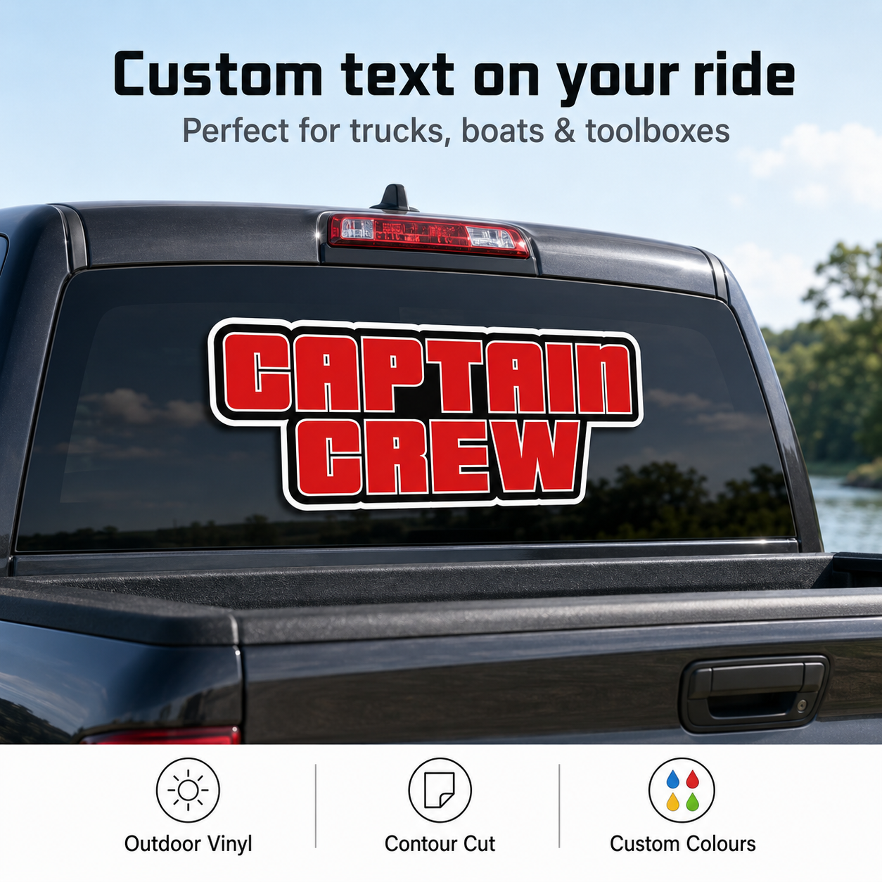 Custom red text decal installed on a pickup truck rear window