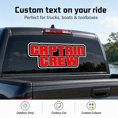 Custom red text decal installed on a pickup truck rear window