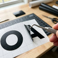 Close-up detail of custom vinyl lettering material and cut quality