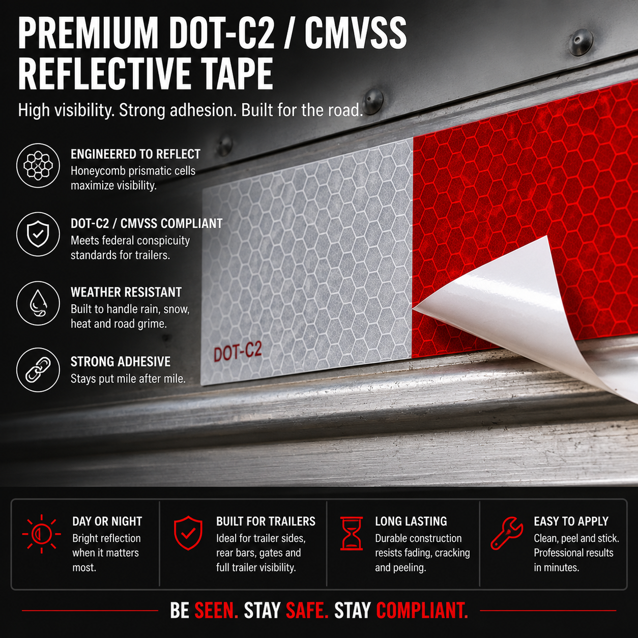 DOT-C2 red and white reflective conspicuity tape for boat trailers Canada
