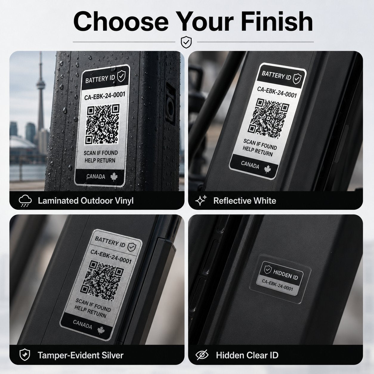 E-Bike Battery Safety & Recovery ID Label Kit Canada - e bike battery label finish options