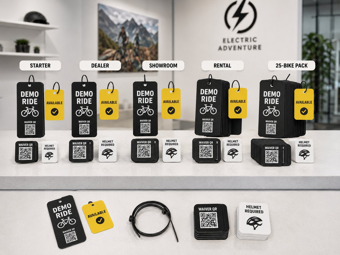 E-bike test ride tag kit options for starter, dealer, showroom, rental, and 25 bike packs