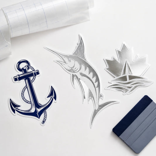 Marine mascot decal options including anchor, metallic marlin, maple leaf emblem, transfer tape and squeegee