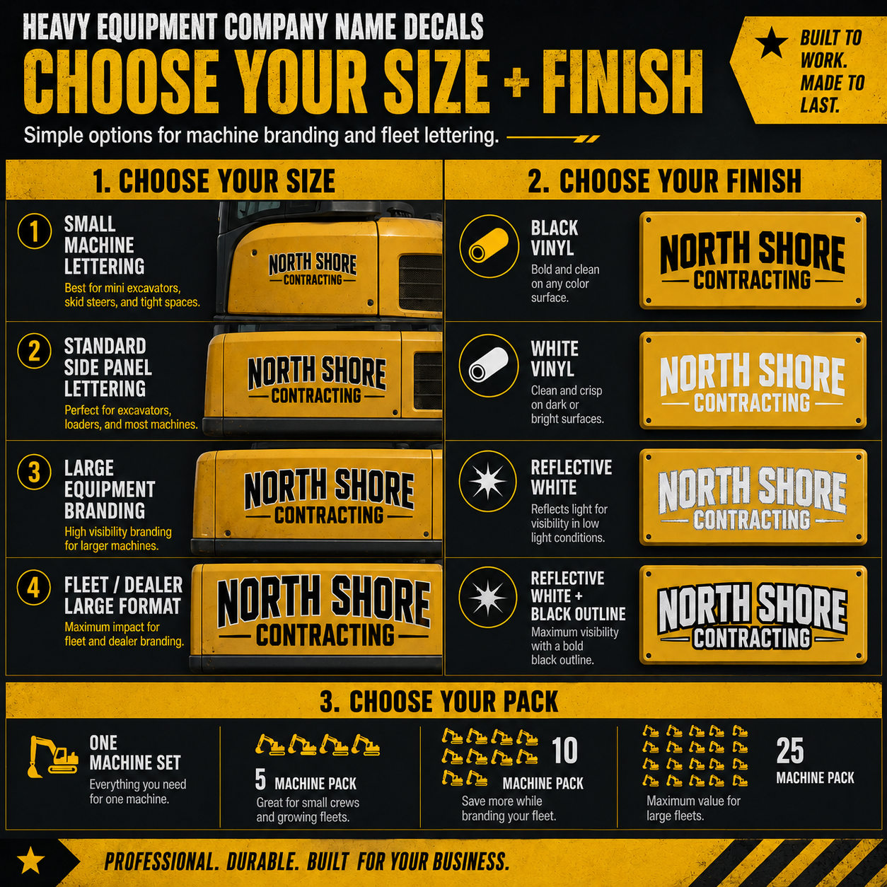 Heavy equipment company name decal size finish and pack options