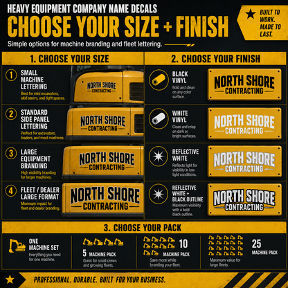 Heavy equipment company name decal size finish and pack options