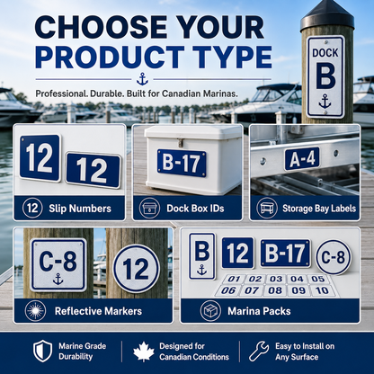 Marina sign options for slip numbers dock box IDs storage bay labels reflective markers and full numbering packs